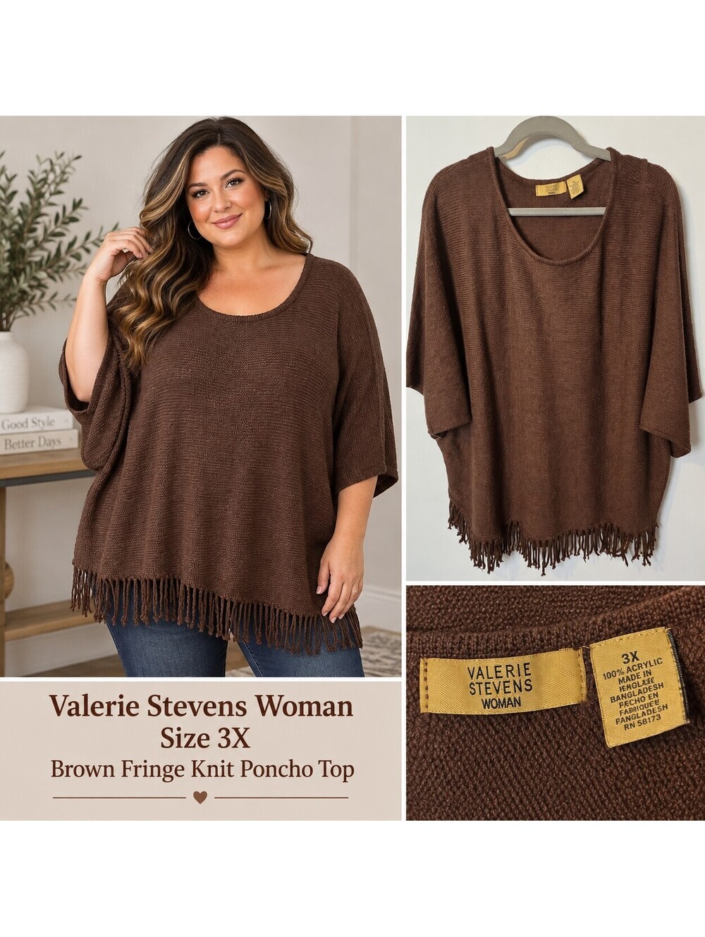 Valerie Stevens Woman 3X Brown Knit Sweater Plus Size Pullover